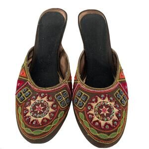 Tribeca Women's Beaded Embroidered Multi Color Open Back Kitten Heel Sandals 7.5